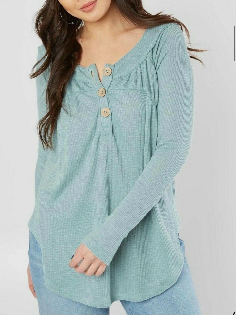 ***We The Free Sicilian Teal  Ribbed Waffle knit Henley Long Sleeve Top